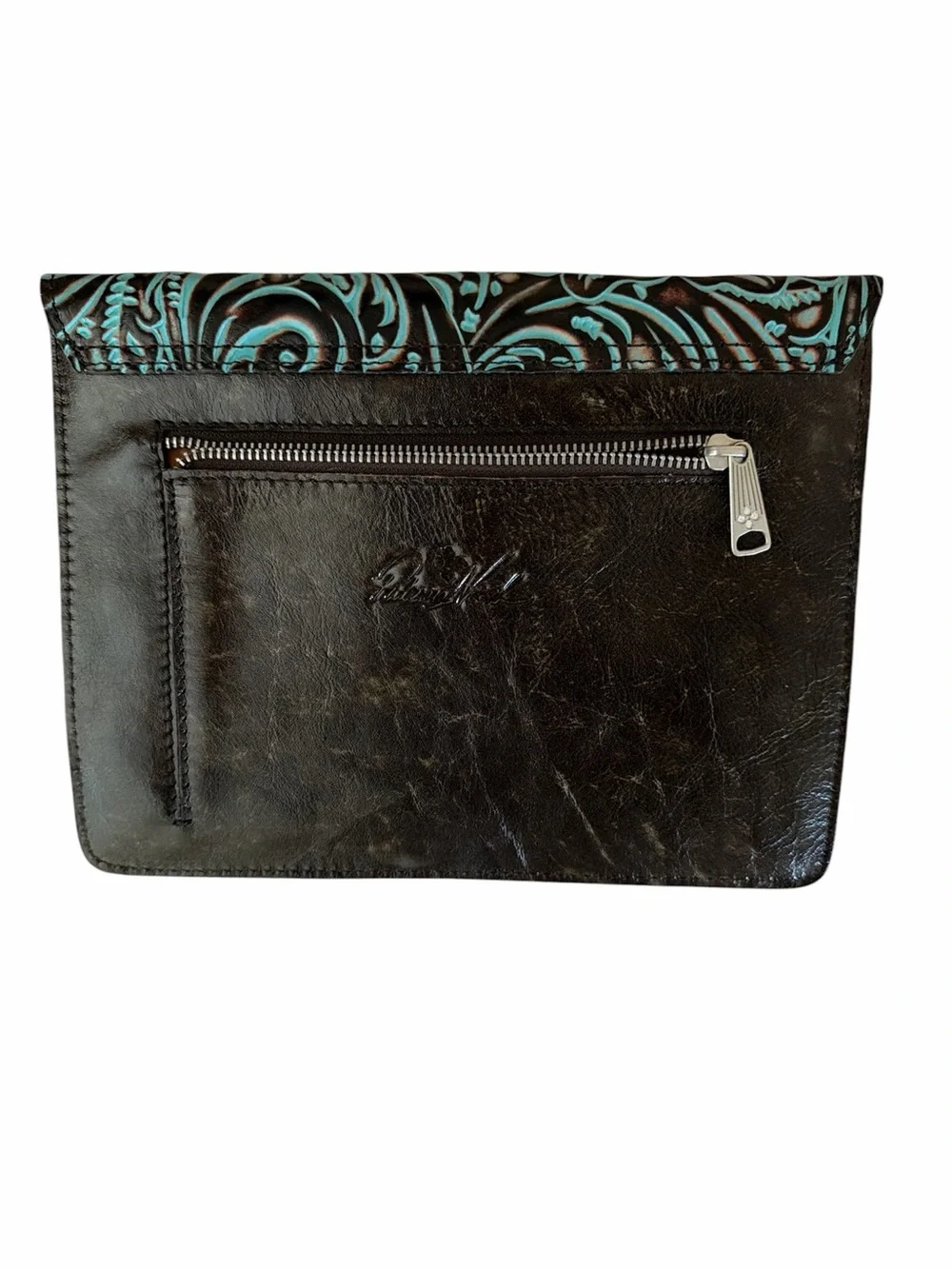 Patricia Nash Teal-Accent Embossed Floral Leather Clutch